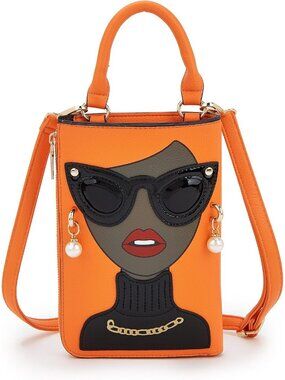 Women OrangeBrown Novelty Lady Face PU Leather ShoulderBag Handle Satchel Clutch